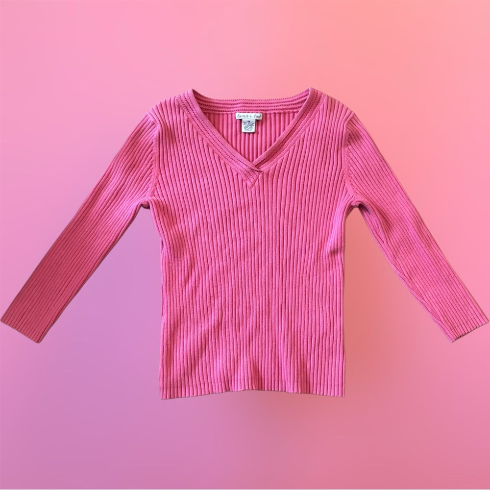 Y2K 2000s Eagle’s Eye Pink Coquette V-Neck Ribbed Sweater Knit Top - Medium - Picture 12 of 16